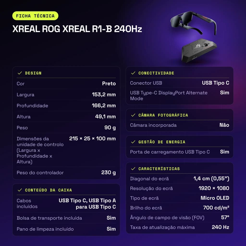 XREAL ROG XREAL R1-B 240Hz Noir Réalité Augmentée Micro OLED 1920x1080 - caractéristiques