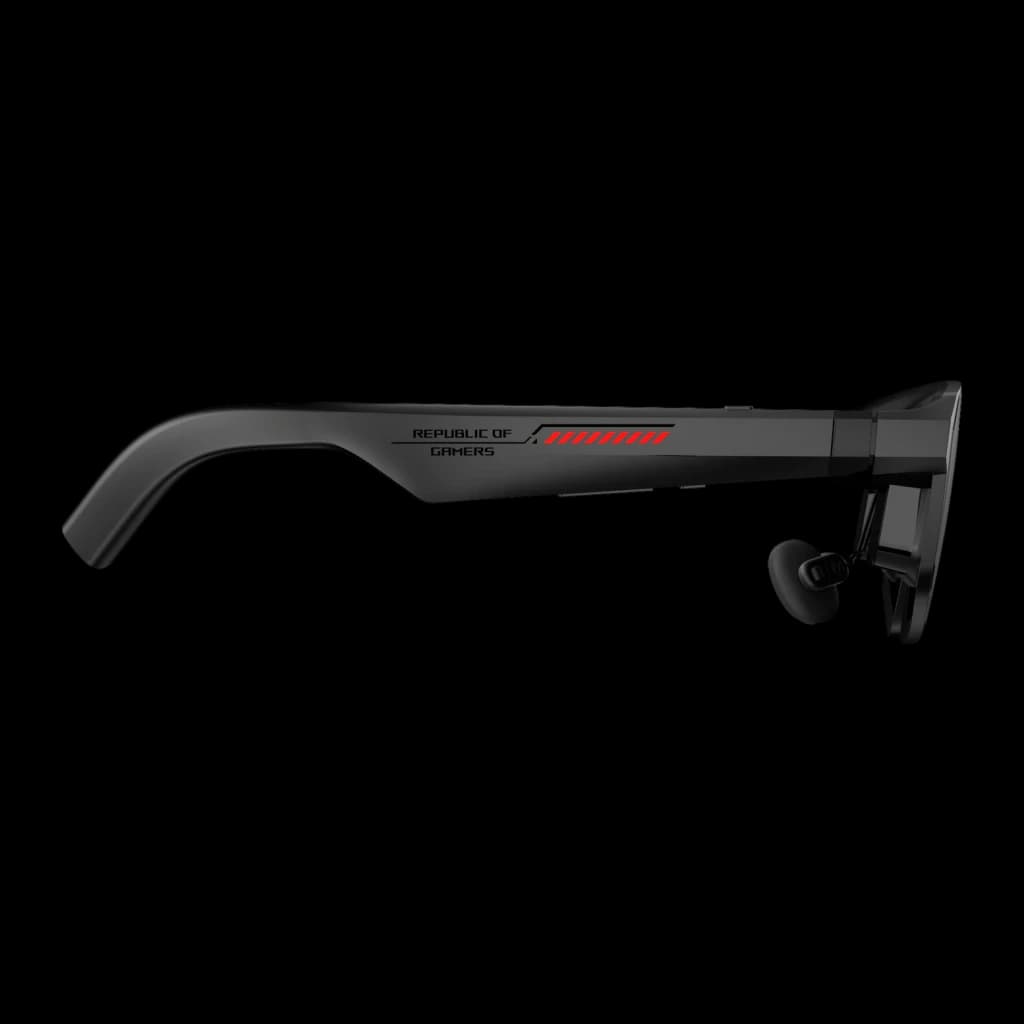 XREAL ROG XREAL R1-B 240Hz Noir Réalité Augmentée Micro OLED 1920x1080, profil: branche avec logo Republic of Gamers, accent