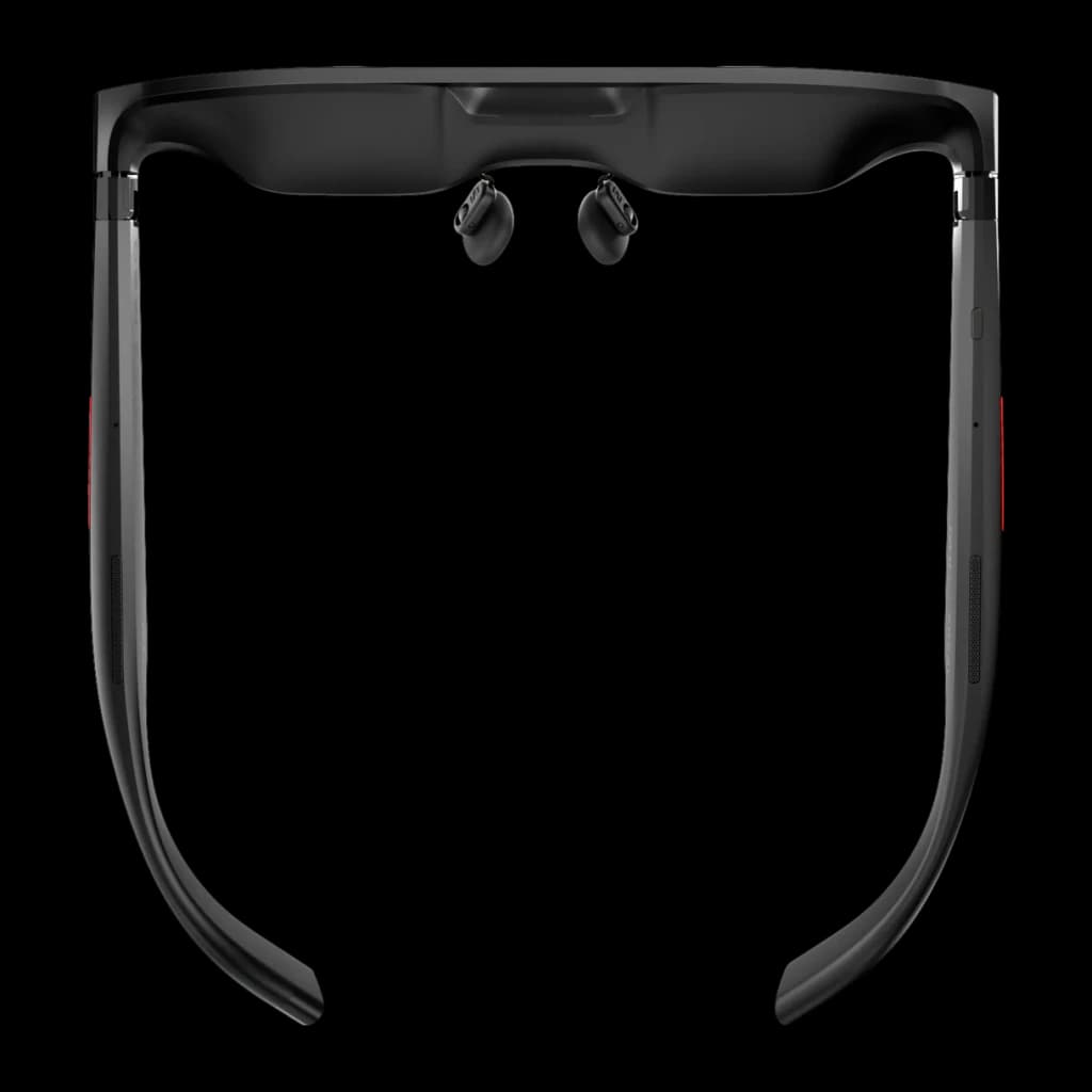 XREAL ROG XREAL R1-B 240Hz Noir Réalité Augmentée Micro OLED 1920x1080, vue inférieure: branches ouvertes, écouteurs