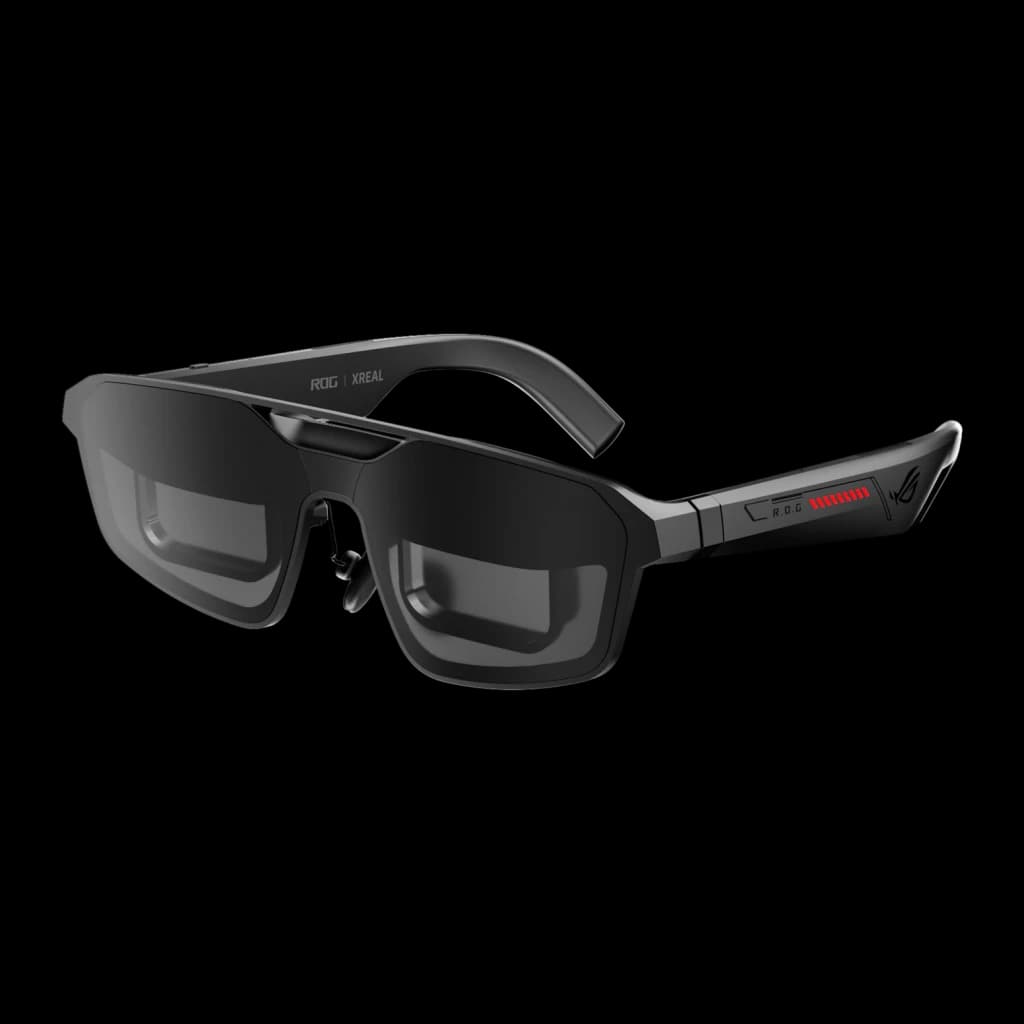 XREAL ROG XREAL R1-B 240Hz Noir Réalité Augmentée Micro OLED 1920x1080, vue en angle: branche droite avec logo ROG rouge