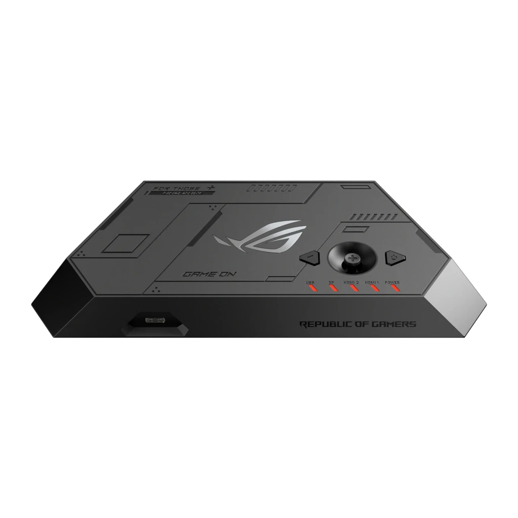 XREAL ROG XREAL R1-B 240Hz Negro Realidad Aumentada Micro OLED 1920x1080, vista superior en ángulo: hub de control con logo