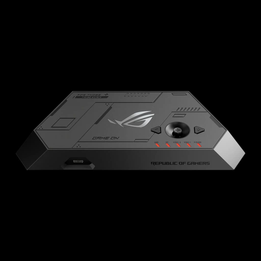 XREAL ROG XREAL R1-B 240Hz Noir Réalité Augmentée Micro OLED 1920x1080, vue dessus en angle: hub de contrôle avec logo ROG