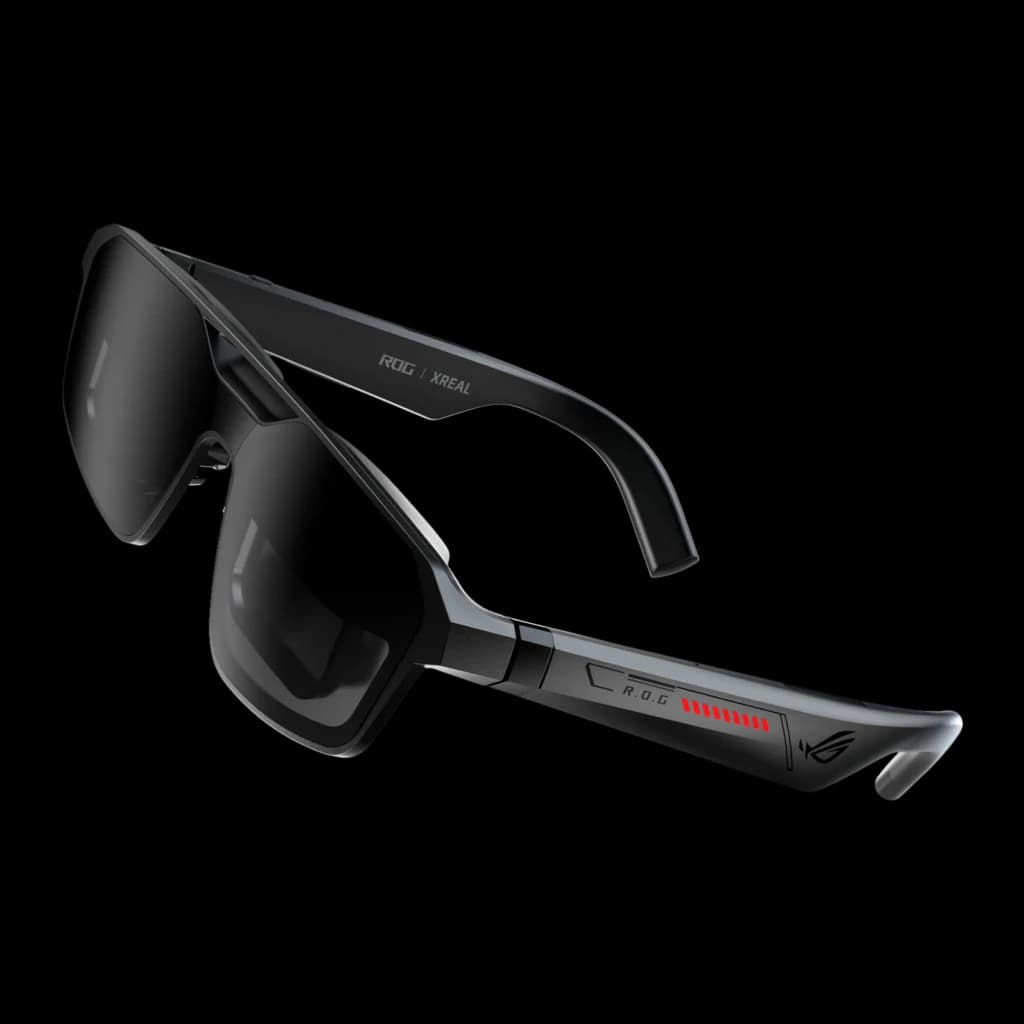 XREAL ROG XREAL R1-B 240Hz Noir Réalité Augmentée Micro OLED 1920x1080, vue latérale: branche avec logo ROG et LEDs rouges