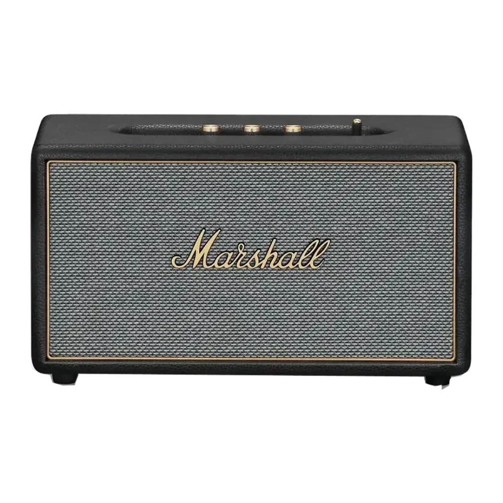 Enceinte Marshall Stanmore IV noire et laiton, façade grille grise, logo doré, boutons métalliques sur le dessus, design rétro élégant, format