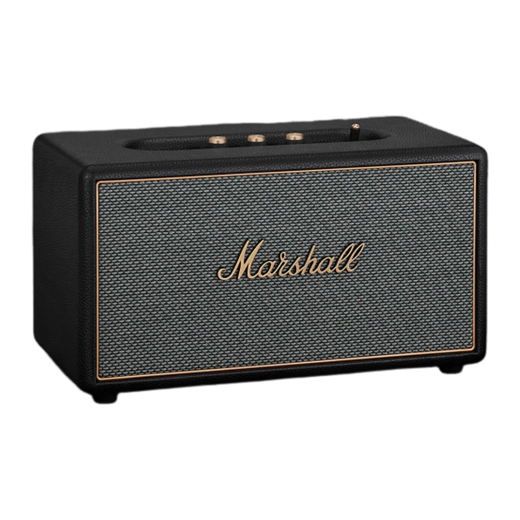 Enceinte Marshall Acton IV compacte, boîtier noir texturé, façade tissée, logo Marshall doré, boutons laiton sur le dessus, style rétro élégant