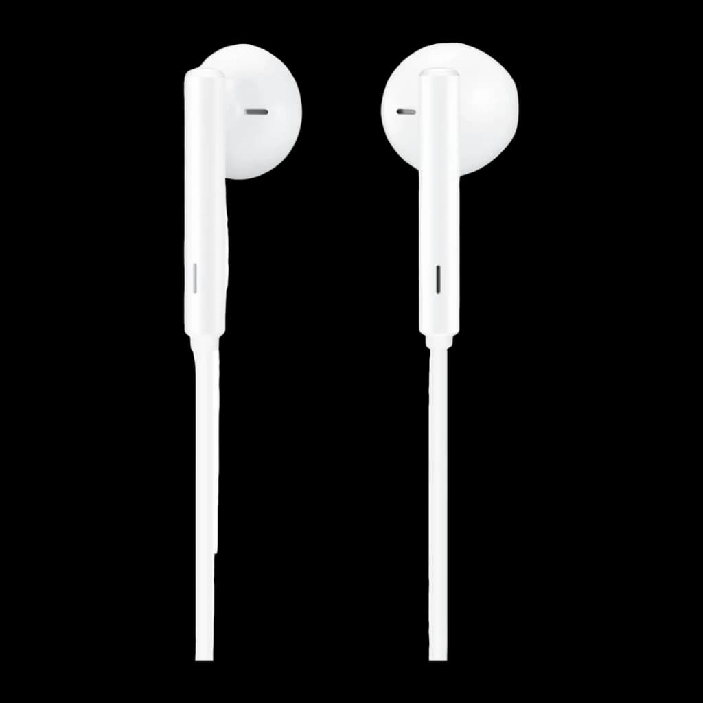 Huawei Auriculares CM33 USB Tipo-C Branco, vista frontal: dois auriculares brancos com cabo e botões inline em fundo preto