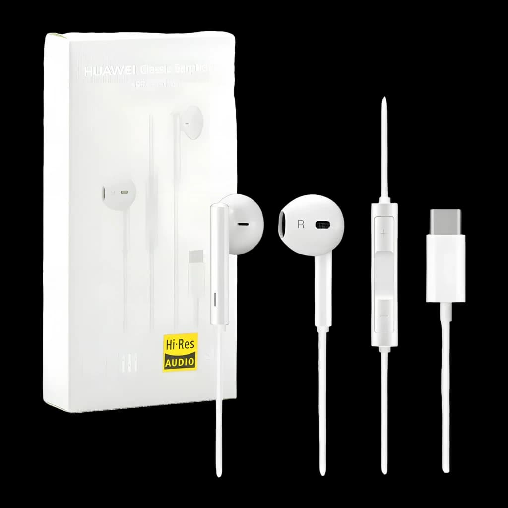 Huawei Auriculares CM33 USB Tipo-C Branco, vista conjunto: caixa, auriculares brancos, controlo no cabo e conector USB-C