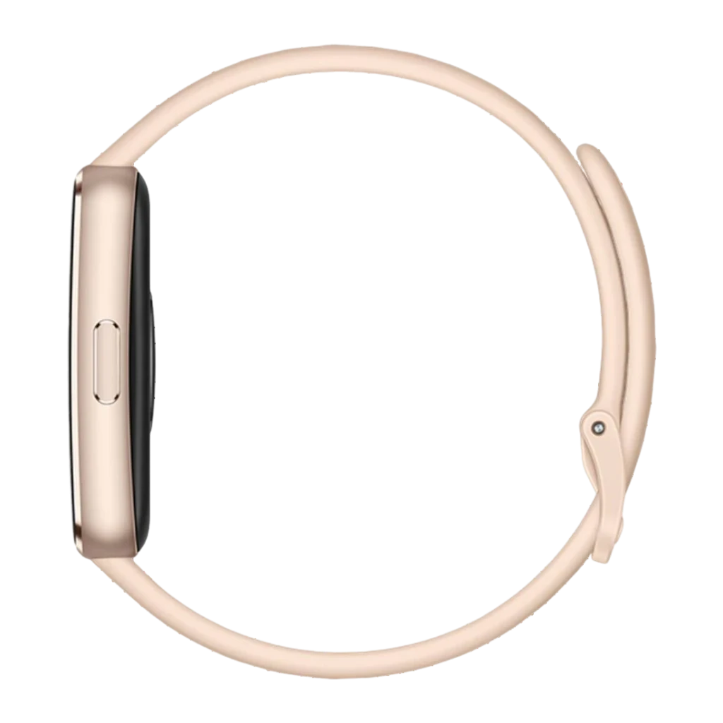 Huawei Band 11 Beige Frecuencia cardíaca, SpO2 Batería 14 Días 5ATM, lateral: perfil con botón y correa beige cerrada