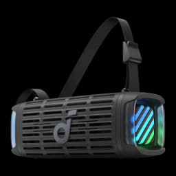 Altavoz Bluetooth Anker Soundcore Boom 3i IP68 50W 16h Negro, vista frontal en ángulo: rejilla, logo Soundcore, luces RGB