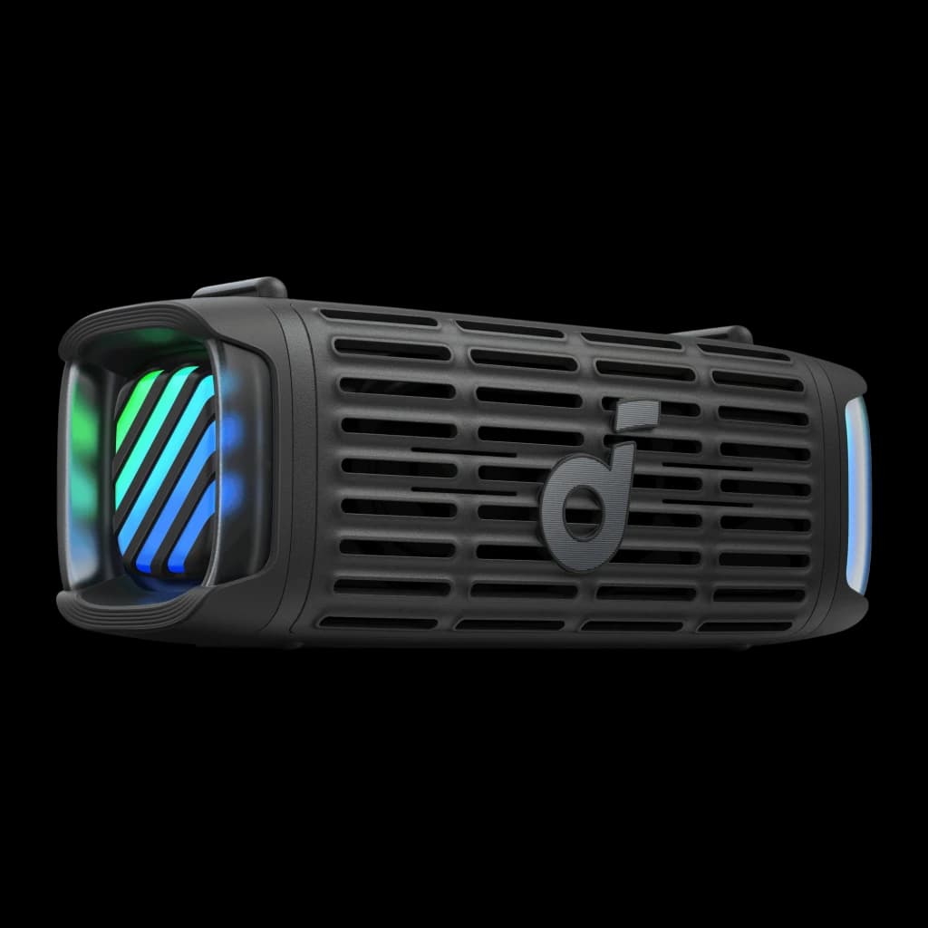 Altavoz Bluetooth Anker Soundcore Boom 3i IP68 50W 16h Negro, vista lateral: rejilla frontal, logo Soundcore y luces LED
