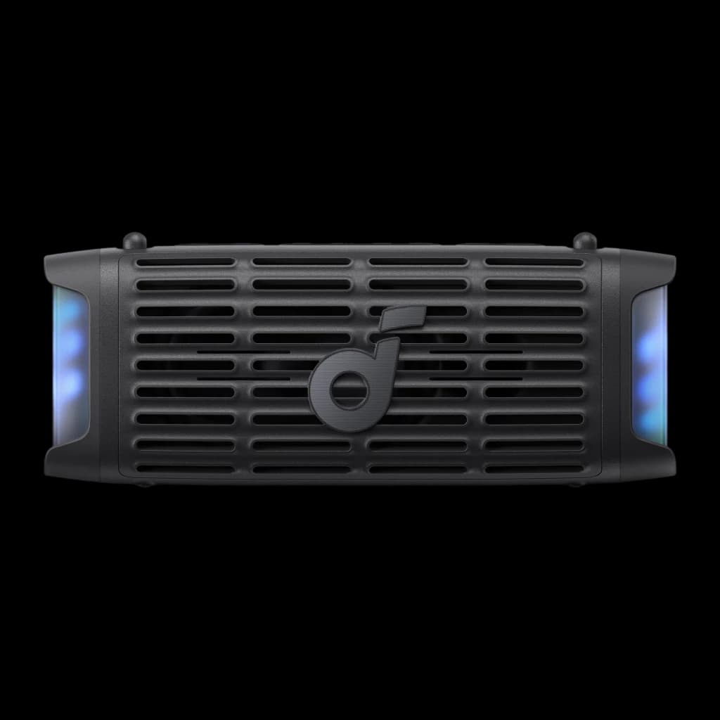 Altavoz Bluetooth Anker Soundcore Boom 3i IP68 50W 16h Negro, vista frontal: rejilla negra con logo Soundcore y luces LED