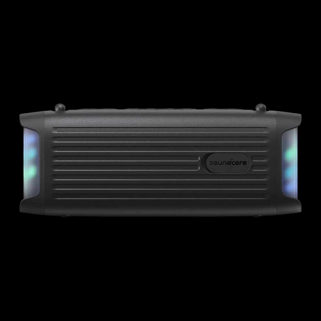 Altavoz Bluetooth Anker Soundcore Boom 3i IP68 50W 16h Negro, vista frontal: rejilla acanalada, logo Soundcore y luces LED