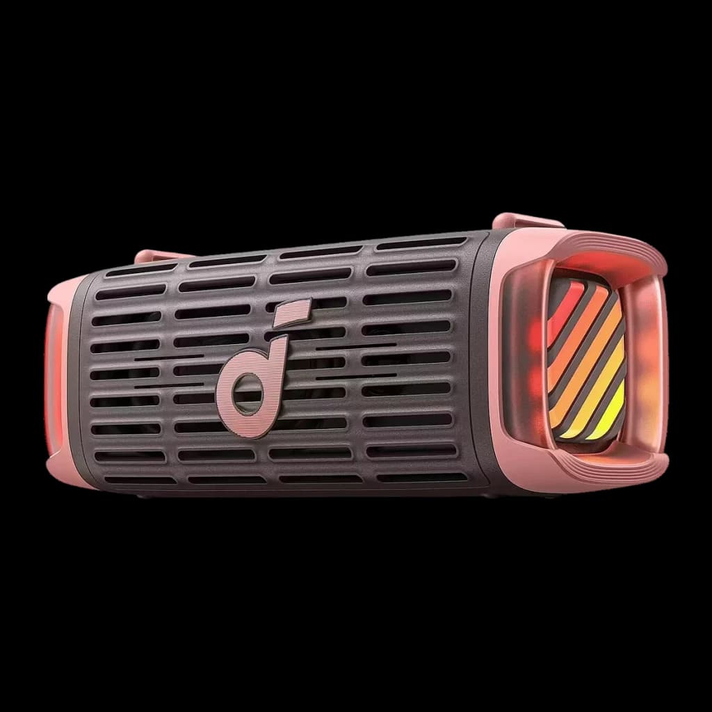Altavoz Bluetooth Soundcore Boom 3i IP68 50W 16h Marrón, vista frontal en ángulo: rejilla negra, logo y luces LED multicolor