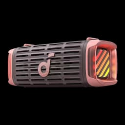 Altavoz Bluetooth Soundcore Boom 3i IP68 50W 16h Marrón, vista frontal en ángulo: rejilla negra, logo y luces LED multicolor