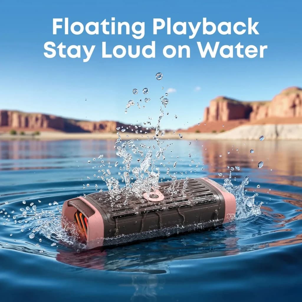 Altavoz Bluetooth Soundcore Boom 3i IP68 50W 16h Marrón flotando en agua con salpicaduras, vista lateral en lago