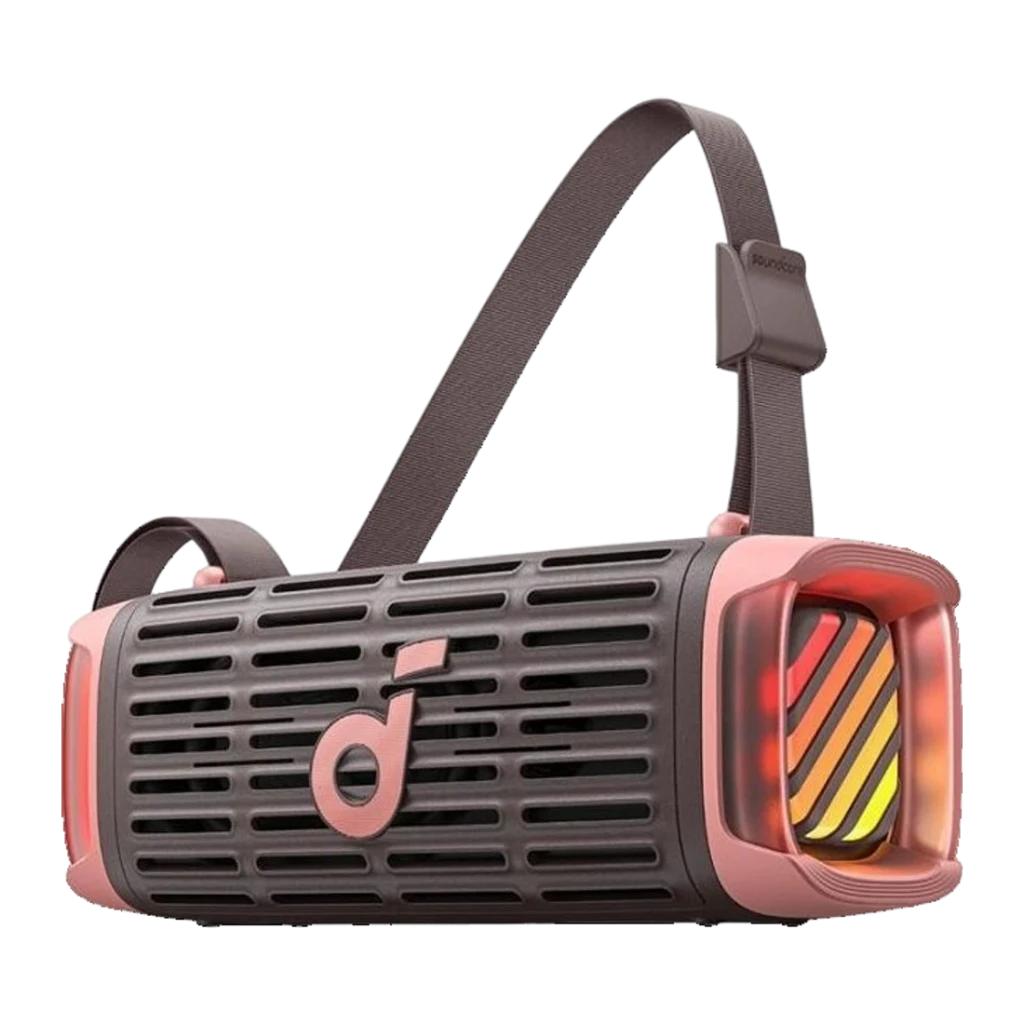 Altavoz Bluetooth Soundcore Boom 3i IP68 50W 16h Marrón, vista lateral: correa textil, rejilla frontal y luces LED