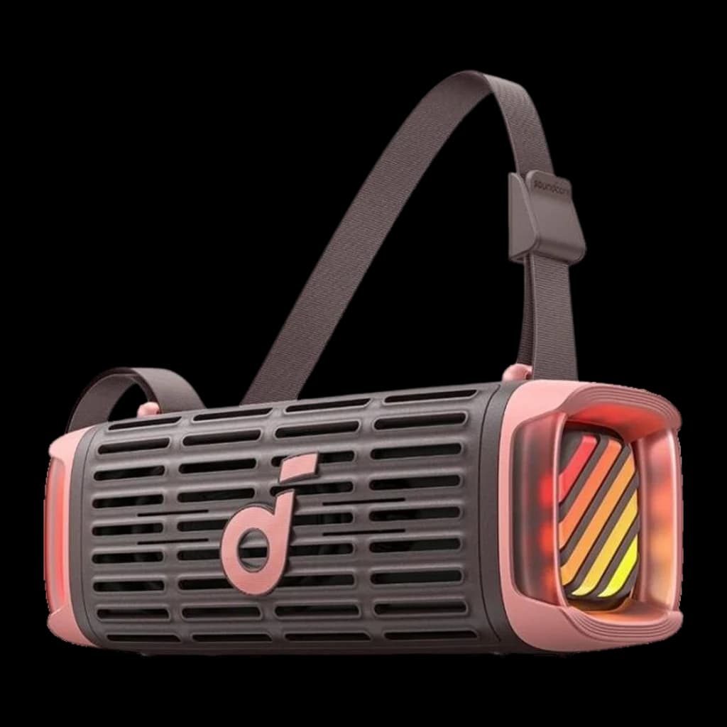 Altavoz Bluetooth Soundcore Boom 3i IP68 50W 16h Marrón, vista lateral: correa textil, rejilla frontal y luces LED