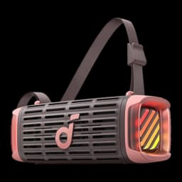 Altavoz Bluetooth Soundcore Boom 3i IP68 50W 16h Marrón, vista lateral: correa textil, rejilla frontal y luces LED
