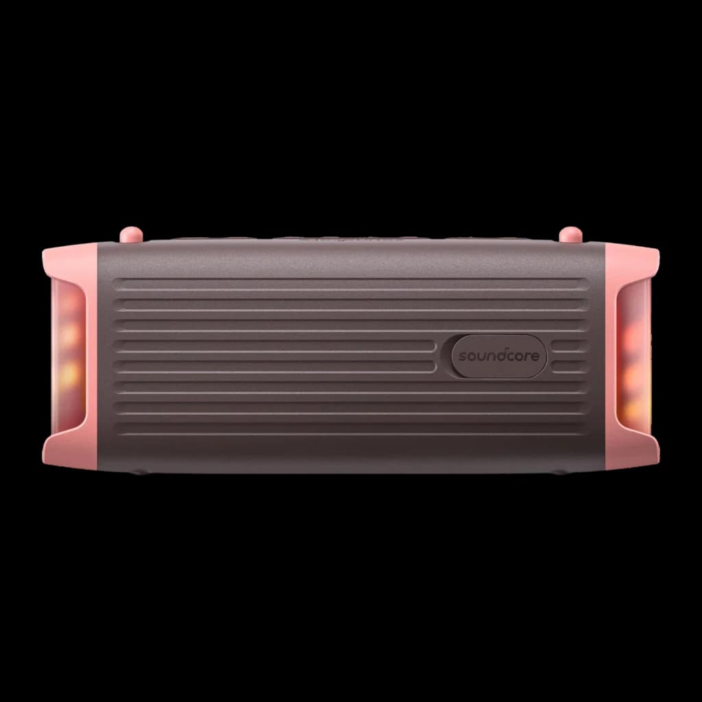 Altavoz Bluetooth Soundcore Boom 3i IP68 50W 16h Marrón, vista trasera: superficie estriada, logo Soundcore y luces LED