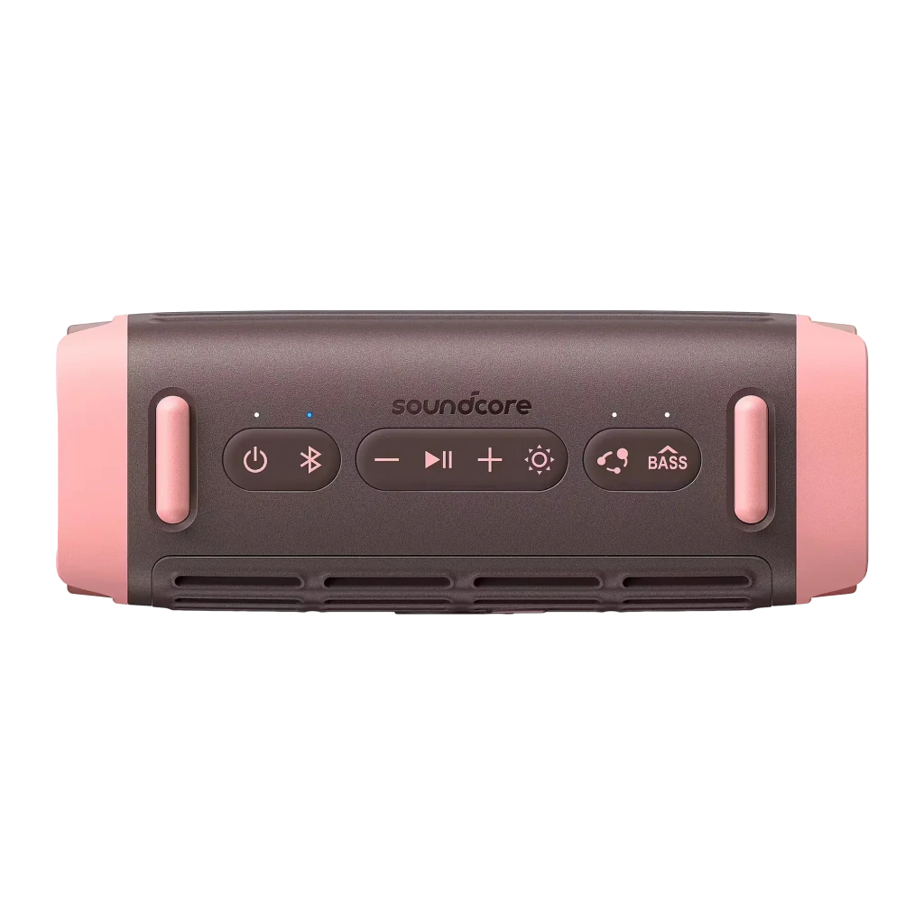 Altavoz Bluetooth Soundcore Boom 3i IP68 50W 16h Marrón, vista superior: botones de control, Bluetooth, BASS y logo soundcore