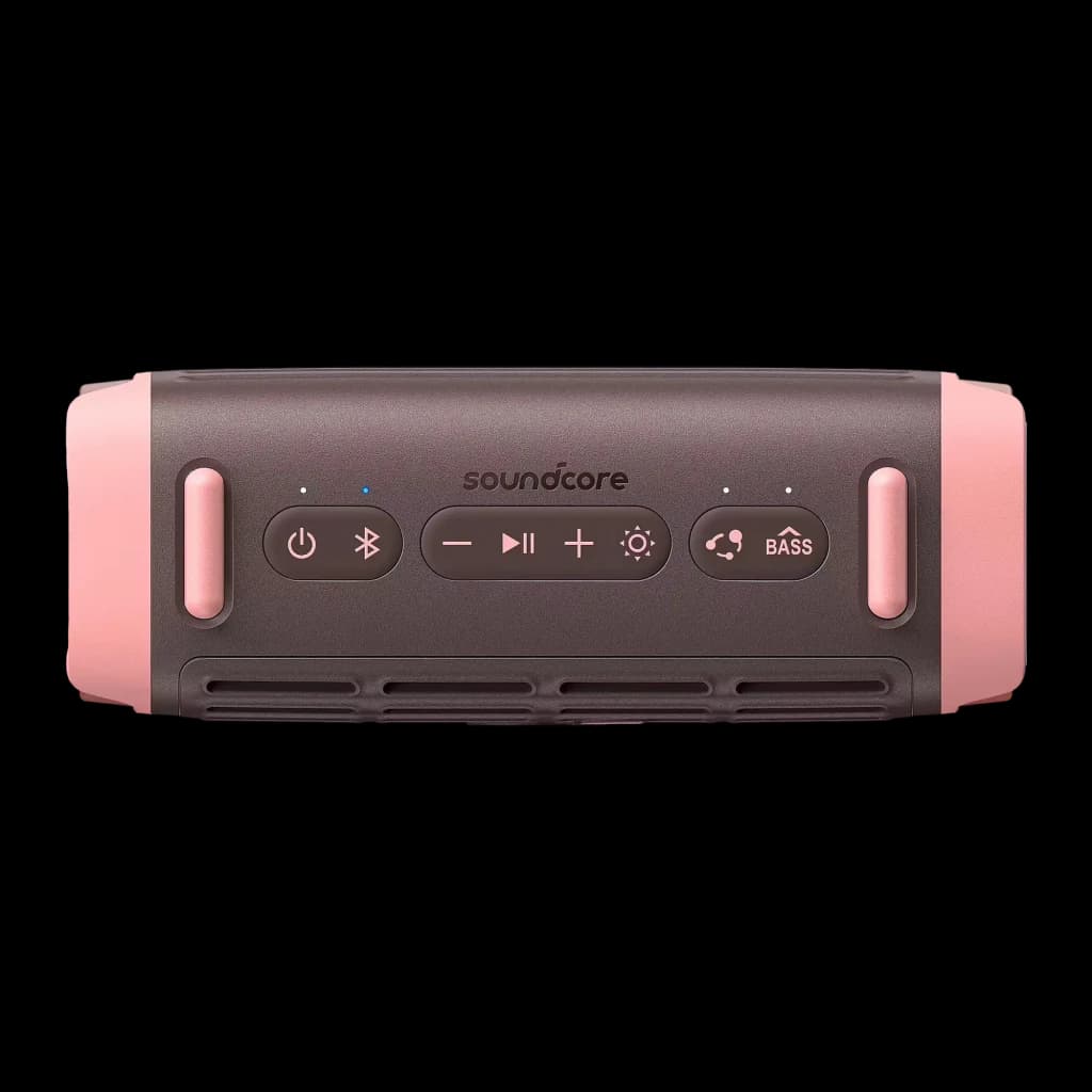 Altavoz Bluetooth Soundcore Boom 3i IP68 50W 16h Marrón, vista superior: botones de control, Bluetooth, BASS y logo soundcore