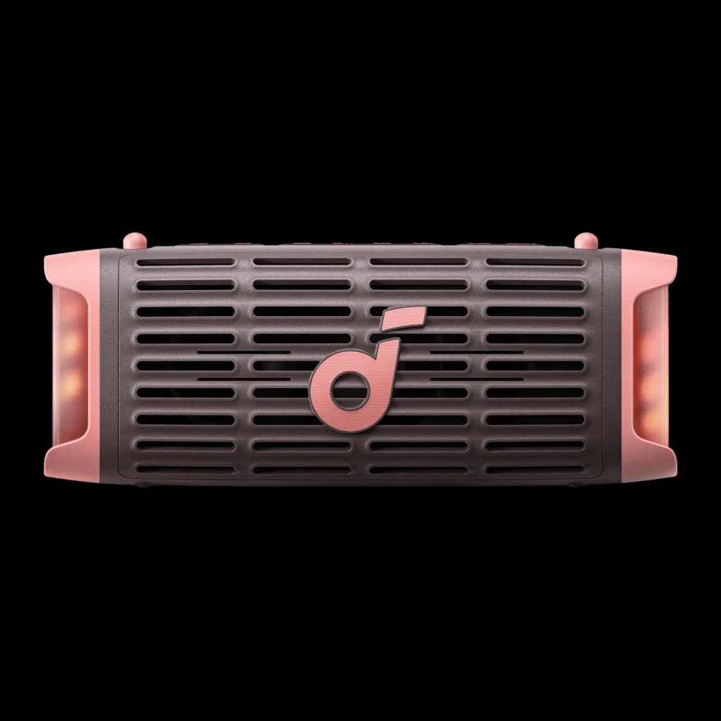 Altavoz Bluetooth Soundcore Boom 3i IP68 50W 16h Marrón, vista frontal: rejilla oscura, logo Soundcore y luces LED laterales