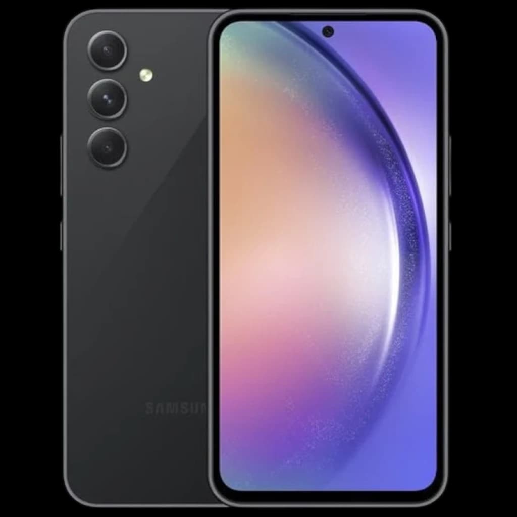 Samsung Galaxy A54 5G graphite, écran AMOLED bord à bord avec poinçon central, triple caméra arrière alignée, reconditionné excellent état