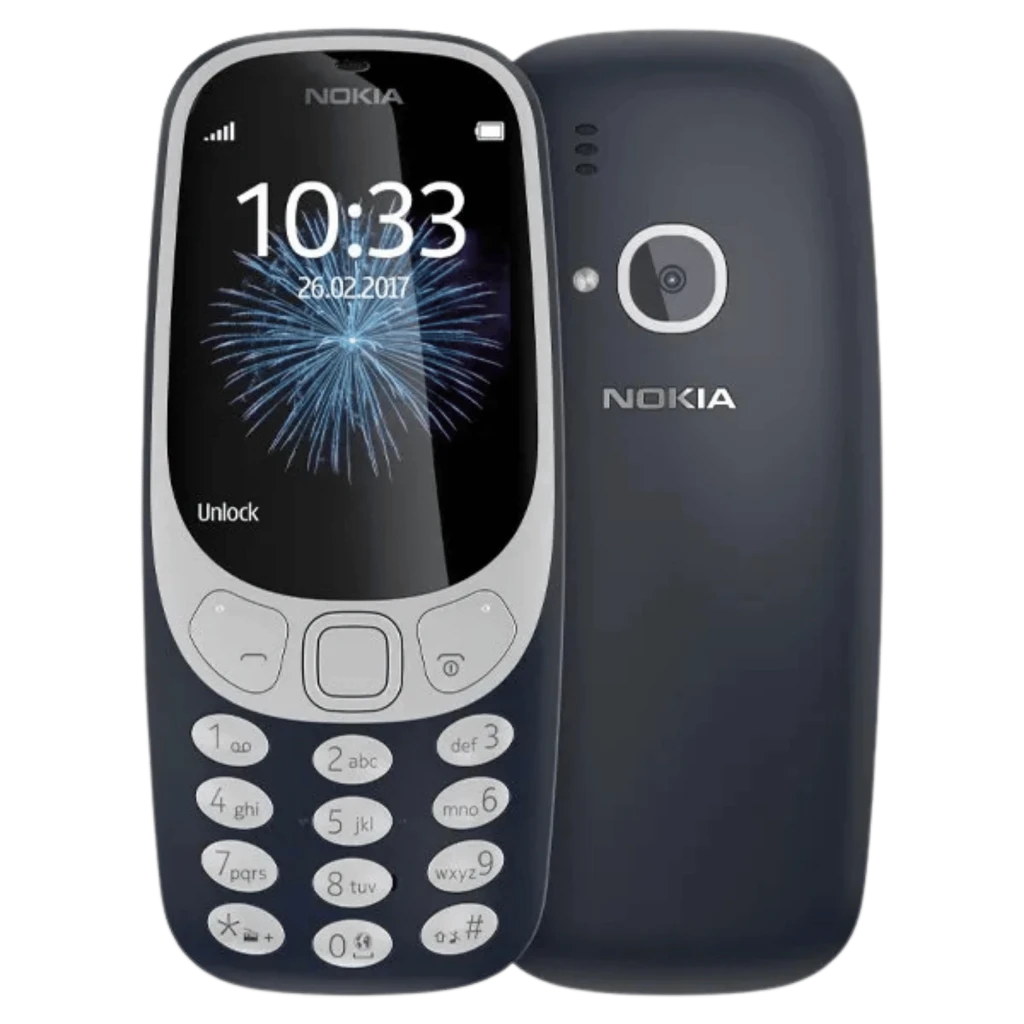 Nokia 3310 Dual Sim gris con carcasa curva, pantalla a color, teclado físico retroiluminado, cámara trasera con flash LED y altavoz trasero