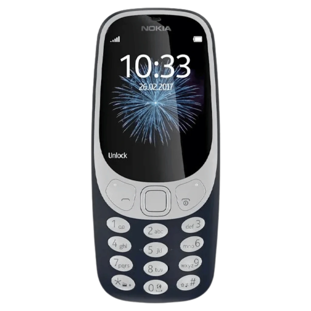 Nokia 3310 Dual Sim Gris con carcasa oscura y frontal claro, pantalla curva con reloj, teclado numérico grande, botones de navegación y altavoz frontal