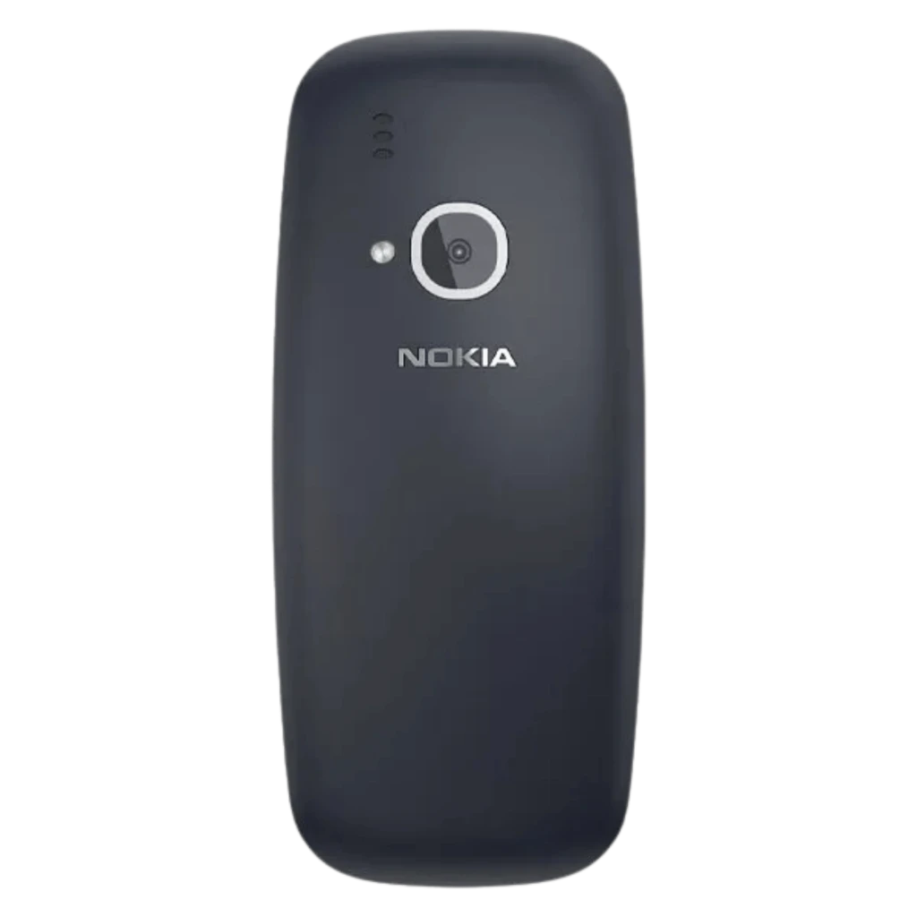 Nokia 3310 Dual Sim Gris, tapa trasera gris oscuro con cámara trasera central y flash, logo Nokia plateado, carcasa curva y altavoz superior izquierdo