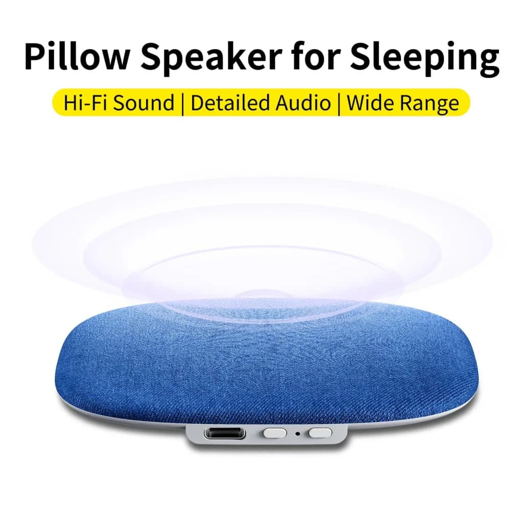 Haut-parleur d'oreiller NILLKIN pour dormir Bluetooth Bleu, vue avant: ondes sonores sur tissu bleu et boutons sur la base