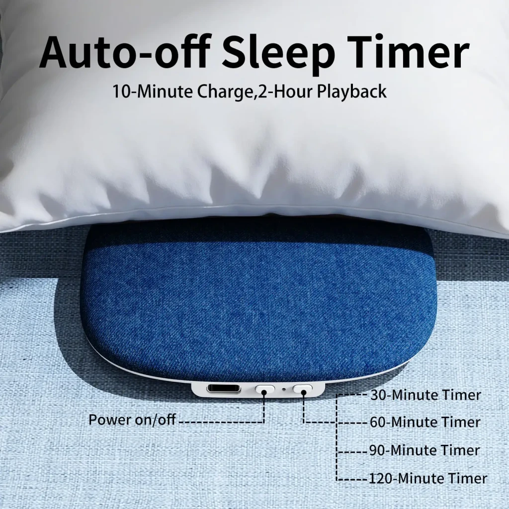 Haut-parleur d'oreiller NILLKIN pour dormir Bluetooth Bleu, vue inférieure: boutons minuterie 30-60-90-120 min et marche