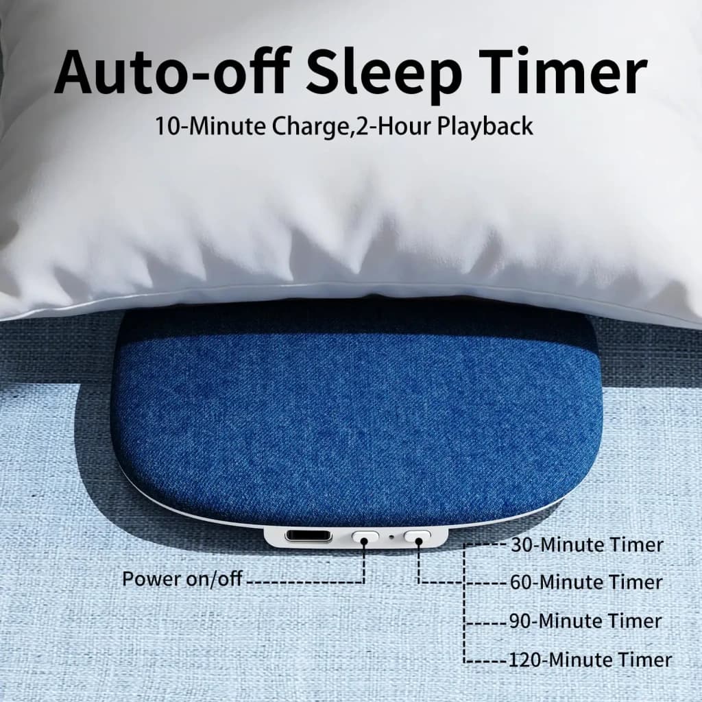 Haut-parleur d'oreiller NILLKIN pour dormir Bluetooth Bleu, vue inférieure: boutons minuterie 30-60-90-120 min et marche