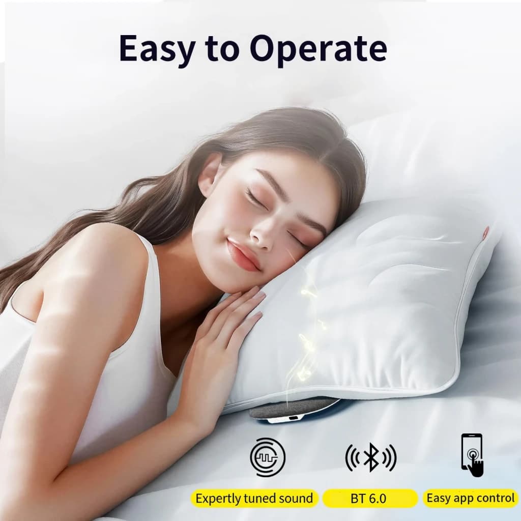 Enceinte oreiller Pillow Speaker 8h Bluetooth 5.4 Gris, fine et plate sous l oreiller, coussin blanc moelleux, LEDs discrètes, boutons latéraux, icônes BT