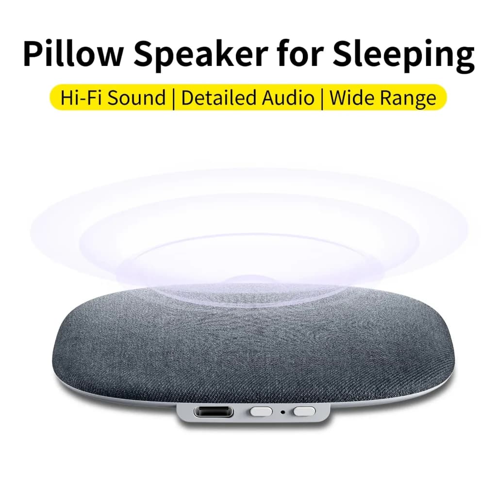 Enceinte oreiller gris compacte avec tissu chiné, boutons et port USB-C visibles, diffusion sonore enveloppante, idéale pour 8h d écoute Bluetooth 5.4