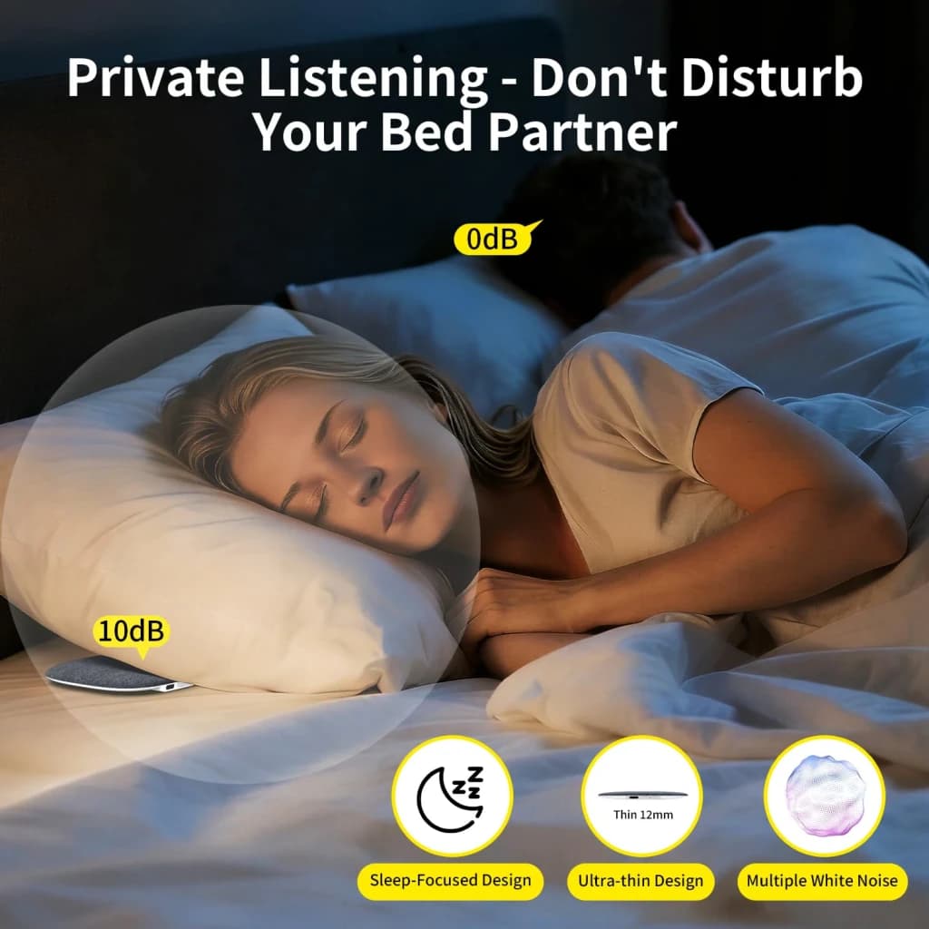 Enceinte oreiller Pillow Speaker 8h Bluetooth 5.4 Gris, ultra-plate 12 mm, posée près de l’oreille, mode sommeil, bruits blancs multiples, discrète et