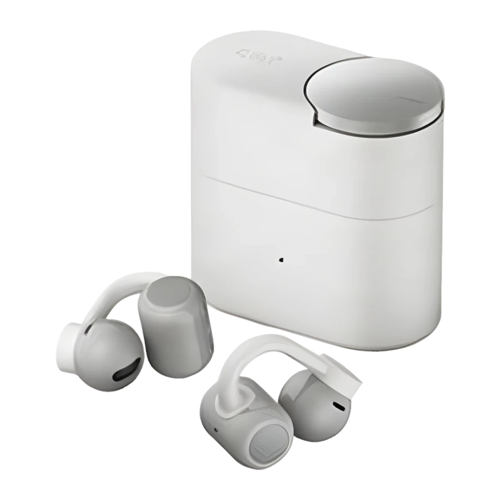 Auriculares CMF by Nothing Clip Pro GL In-Ear Gris Claro, vista general: estuche abierto y dos earbuds con clip delante