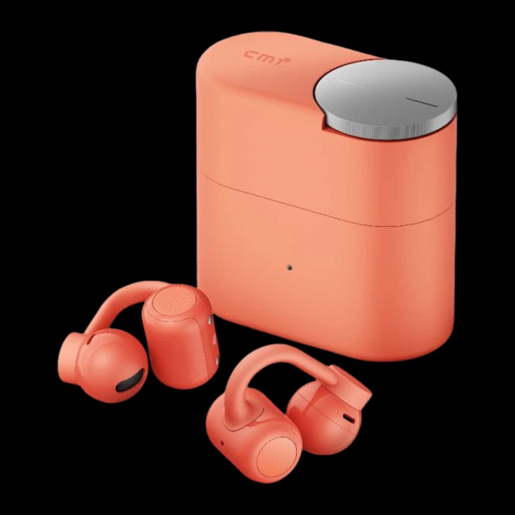 Auriculares CMF by Nothing Clip Pro Open-Ear Bluetooth 5.4 32,5h Coral, vista conjunto: estuche coral con tapa plateada