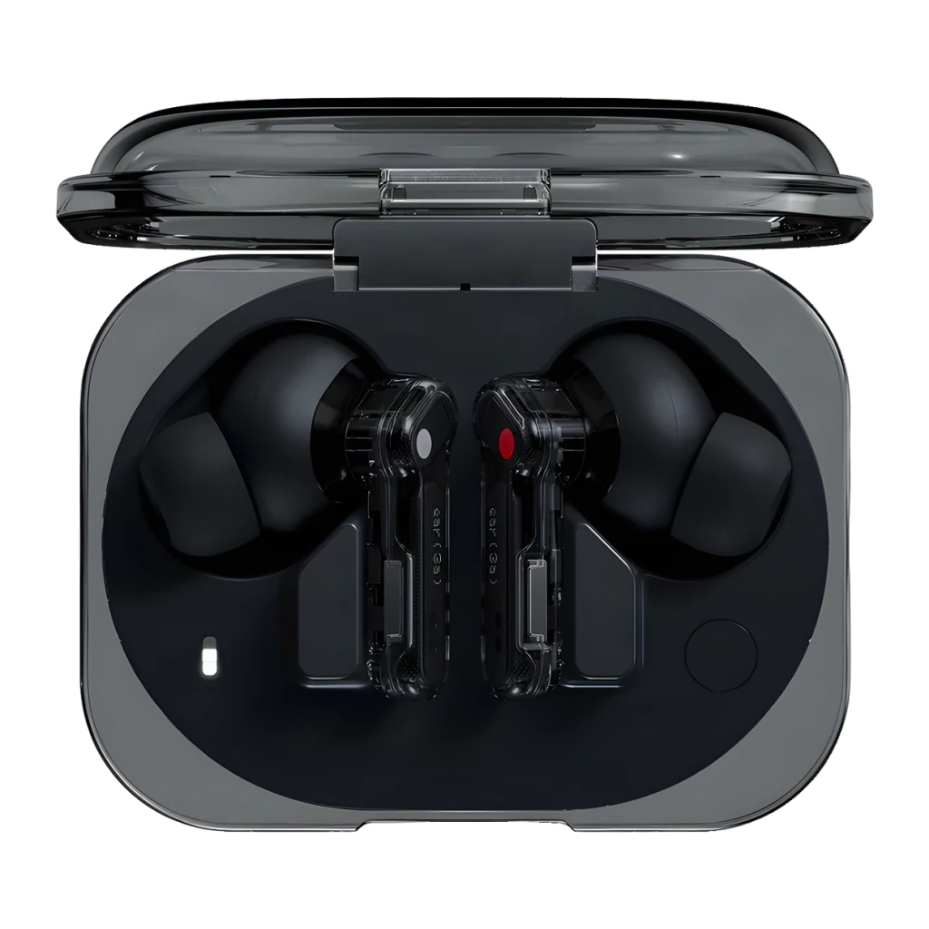 Auriculares Nothing Ear 3a TWS en estuche transparente ahumado, vástagos negros translúcidos con puntos rojo y blanco, almohadillas de silicona y luz LED
