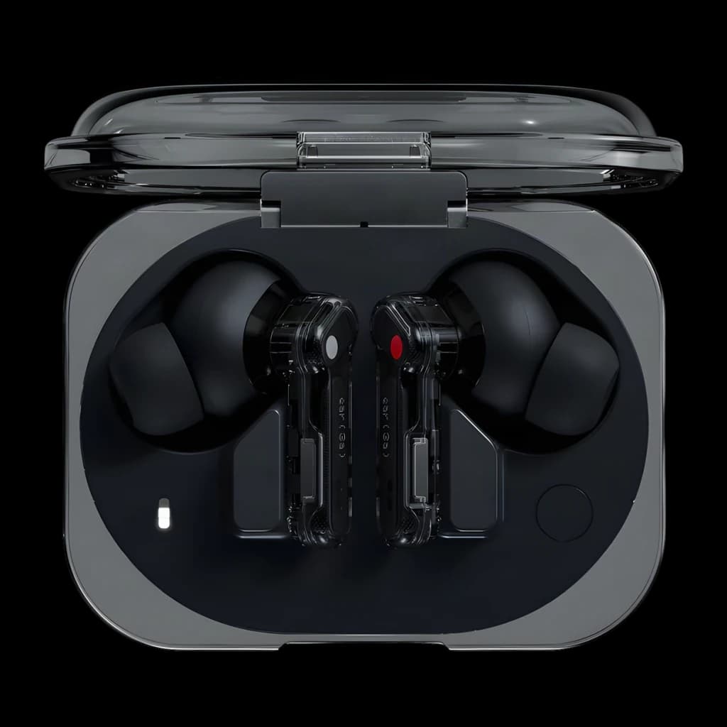 Auriculares Nothing Ear 3a TWS en estuche transparente ahumado, vástagos negros translúcidos con puntos rojo y blanco, almohadillas de silicona y luz LED