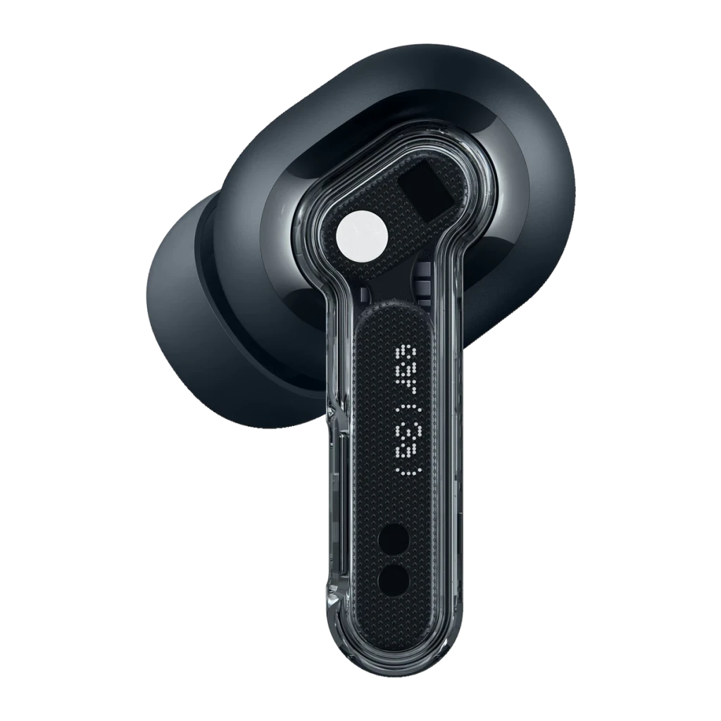 Auriculares Nothing Ear 3a TWS con cuerpo transparente, vástago negro texturizado y almohadilla de silicona; diseño compacto y moderno con detalle circular
