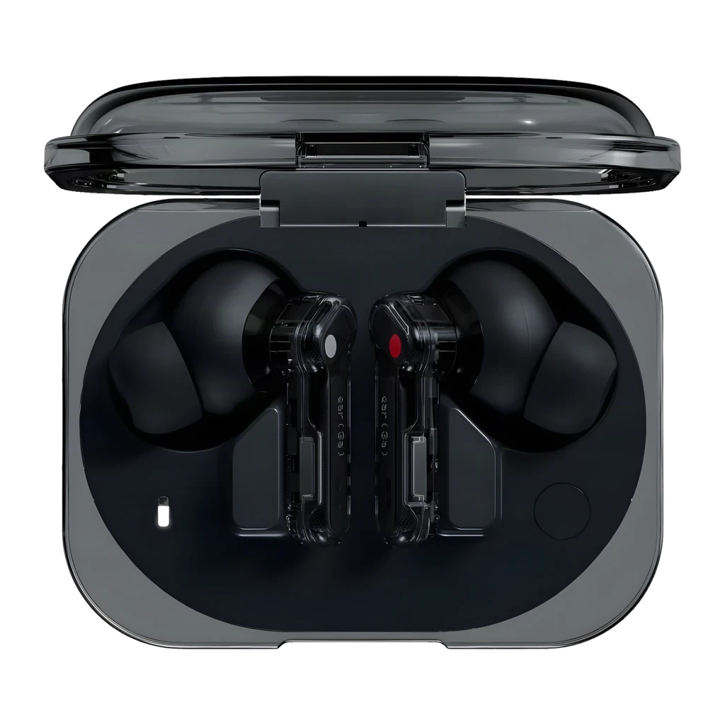 Auriculares Nothing Ear 3a TWS en estuche transparente gris, diseño intrauditivo negro con vástagos transparentes, puntas de silicona y marcadores rojo y