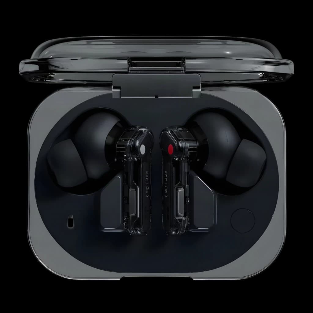 Auriculares Nothing Ear 3a TWS en estuche transparente gris, diseño intrauditivo negro con vástagos transparentes, puntas de silicona y marcadores rojo y