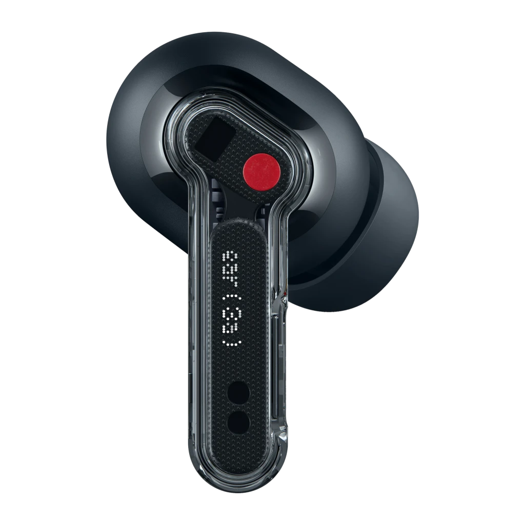 Auriculares Nothing Ear 3a TWS con vástago transparente, detalle rojo en el botón, cuerpo negro mate y silicona ergonómica; diseño moderno y compacto