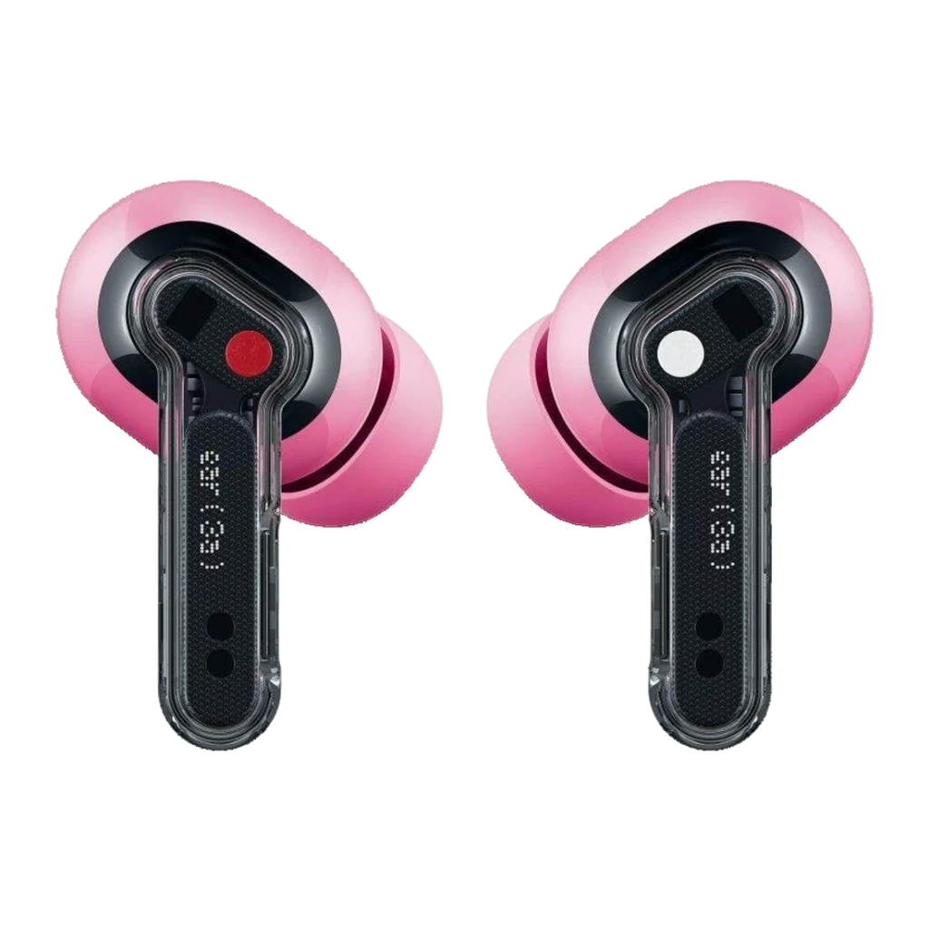 Auriculares Nothing Ear 3a rosa con puntas de silicona, vástago transparente, marcas L/R rojo y blanco, diseño compacto, cancelación de ruido 45 dB y