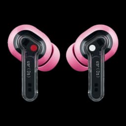 Fones Nothing Ear (3a) Rosa com hastes transparentes, botões L/R coloridos, formato intra-auricular e ponteiras de silicone; design moderno e compacto