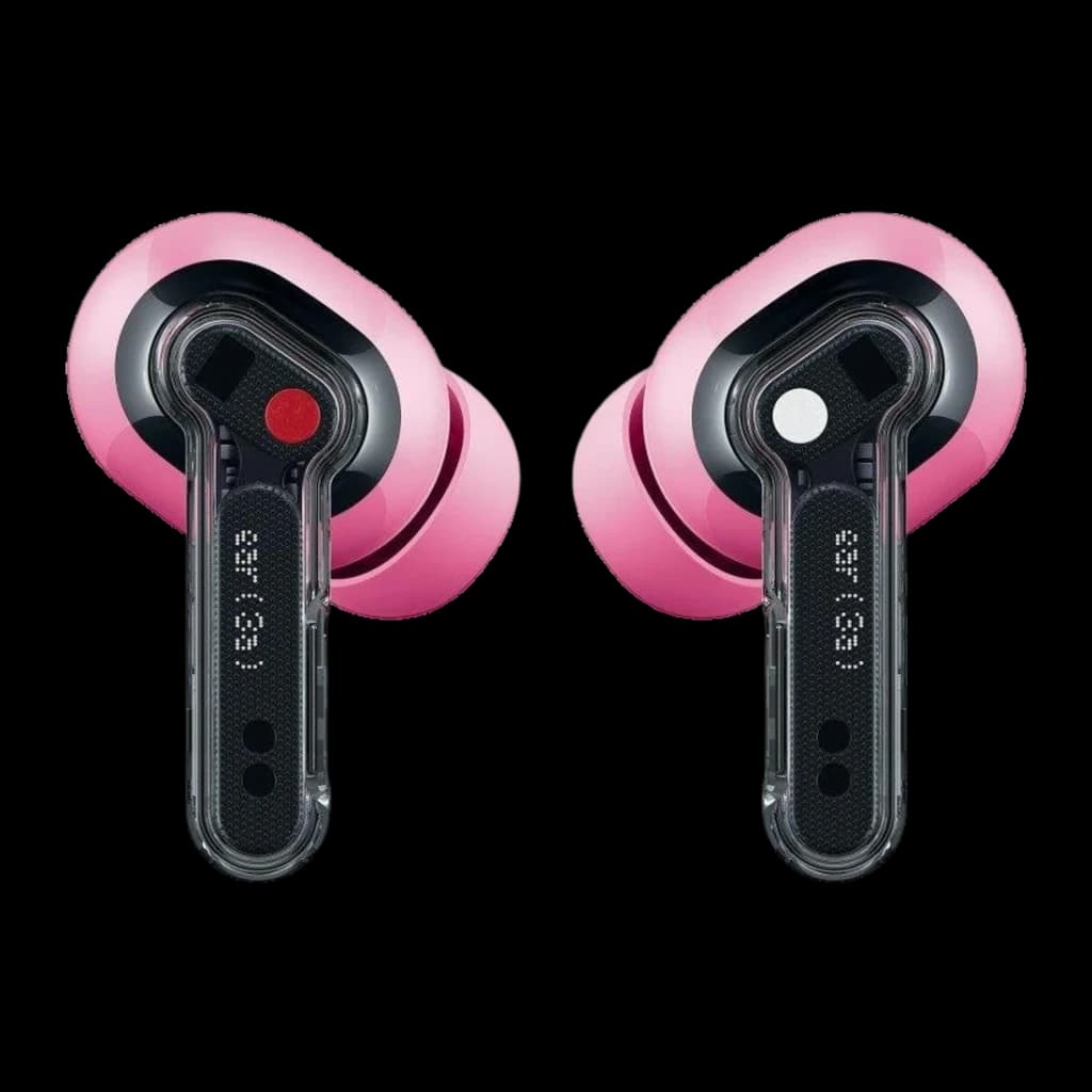 Auriculares Nothing Ear 3a rosa con puntas de silicona, vástago transparente, marcas L/R rojo y blanco, diseño compacto, cancelación de ruido 45 dB y