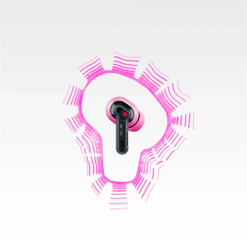 Auricular Nothing Ear 3a rosa con cuerpo negro, diseño in-ear compacto, vástago corto y detalles translucidos; estilo moderno y llamativo