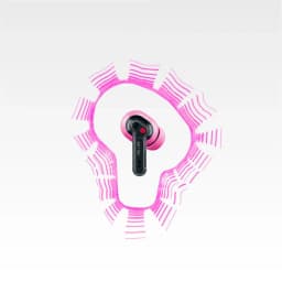 Nothing Ear 3a rosa, fone intra-auricular com haste preta, detalhes translúcidos e LED, destaque em traços rosa simulando ondas sonoras