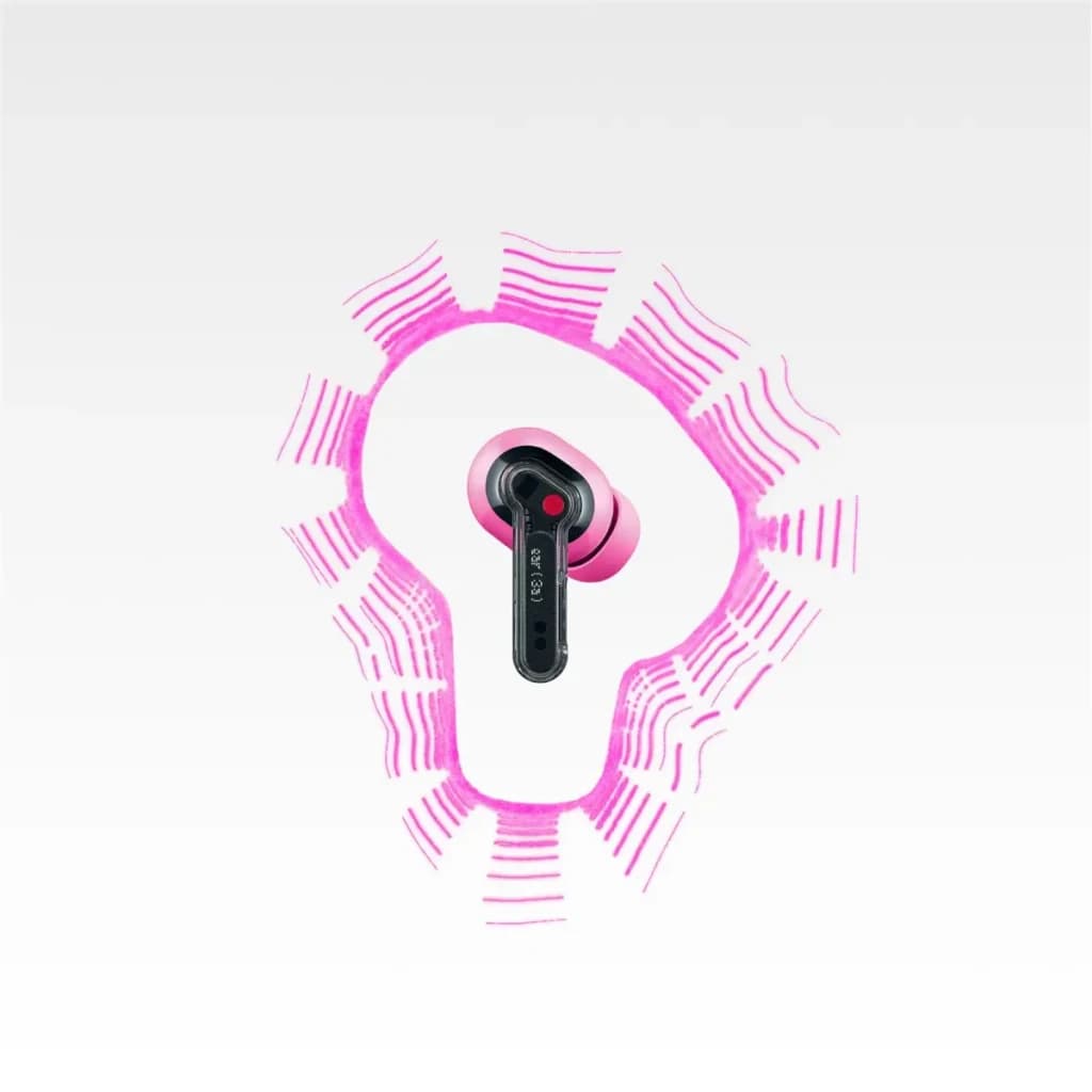 Auricular Nothing Ear 3a rosa con cuerpo negro, diseño in-ear compacto, vástago corto y detalles translucidos; estilo moderno y llamativo